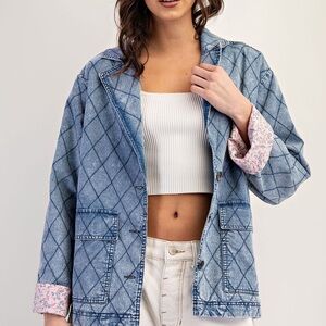 Eesome Quilted Blue Jean Jacket with Pink Accents